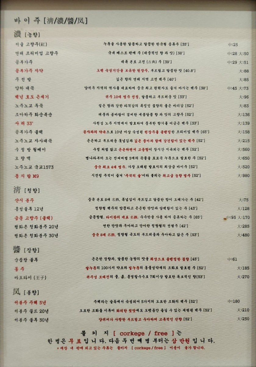 팔복 중국 전통주 메뉴