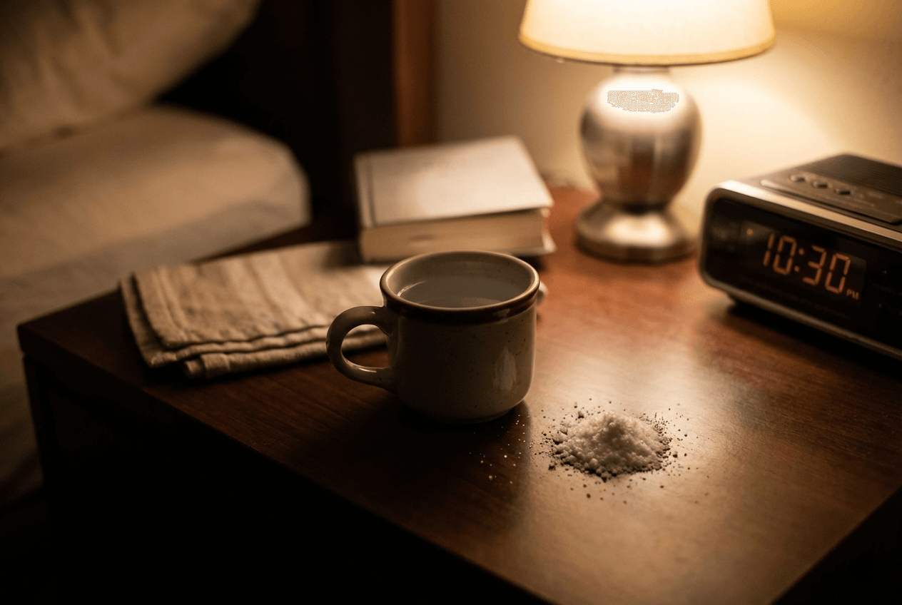 물컵 옆에 글리신 가루가 놓인 심플한 사진 스타일 이미지, 취침 전 복용을 연상시키는 장면