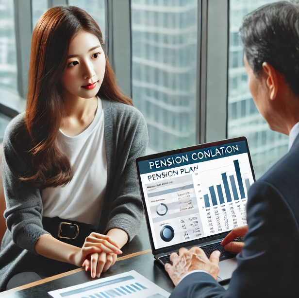 사무실에서 금융 상담사와 연금 계획에 대해 상담하는 여성의 모습