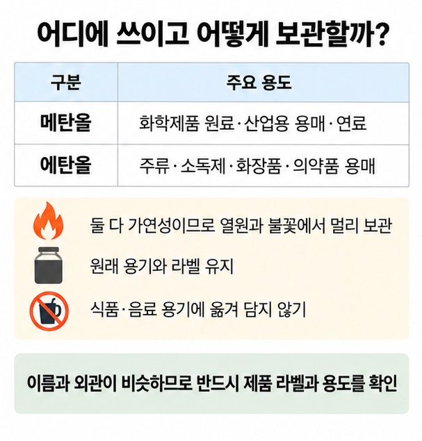 메탄올의 산업용 원료 용매 연료와 에탄올의 주류 소독제 화장품 용매 사용처 및 안전보관 수칙을 정리한 인포그래픽
