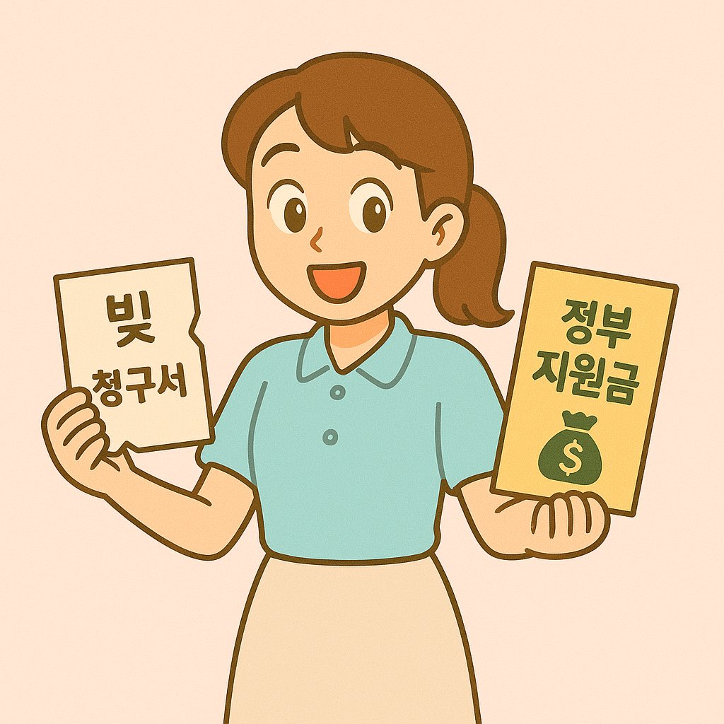 빚 청구서와 정부 지원금을 들고 환하게 웃는 여성