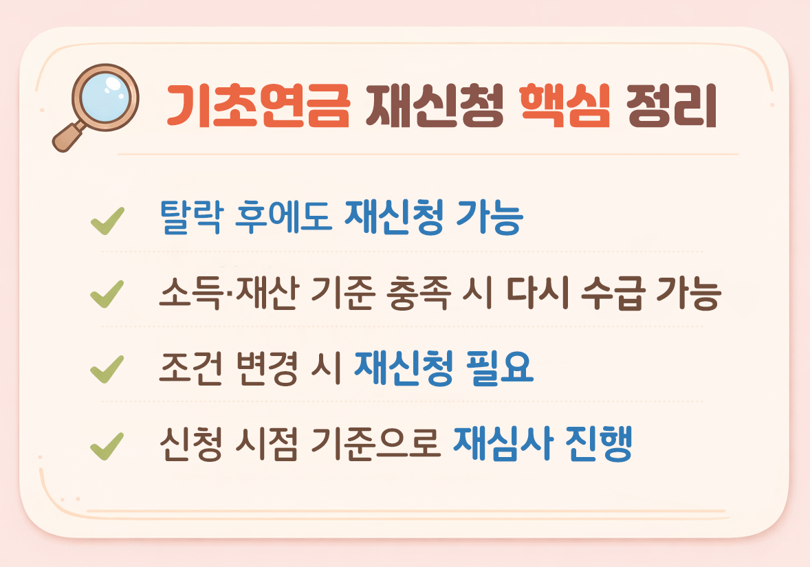 기초연금 재신청 핵심 정리 탈락 후 재신청 가능 조건 변경 시 재심사 안내