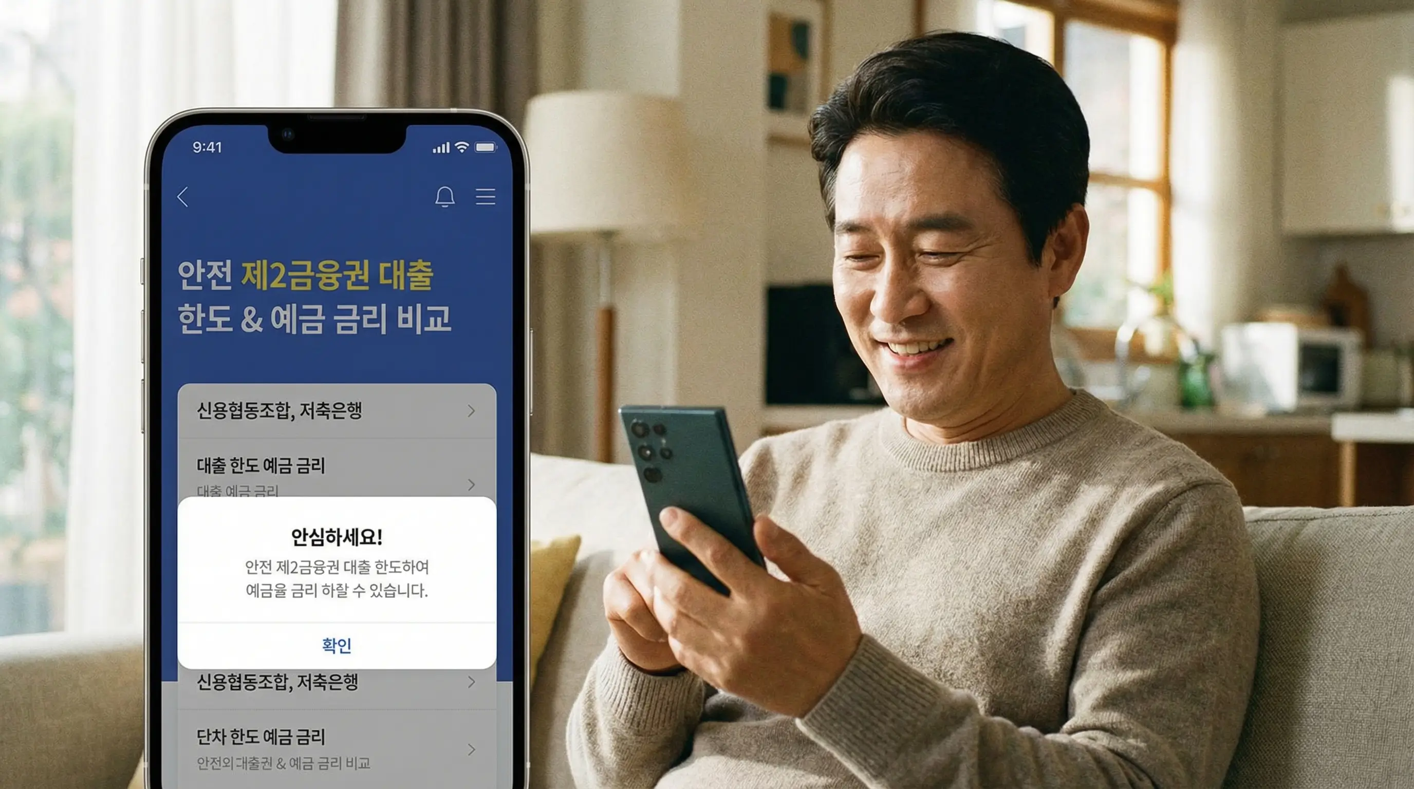 스마트폰으로 안전한 제2금융권 대출 한도와 예금 금리를 비교 조회하며 안도하는 모습