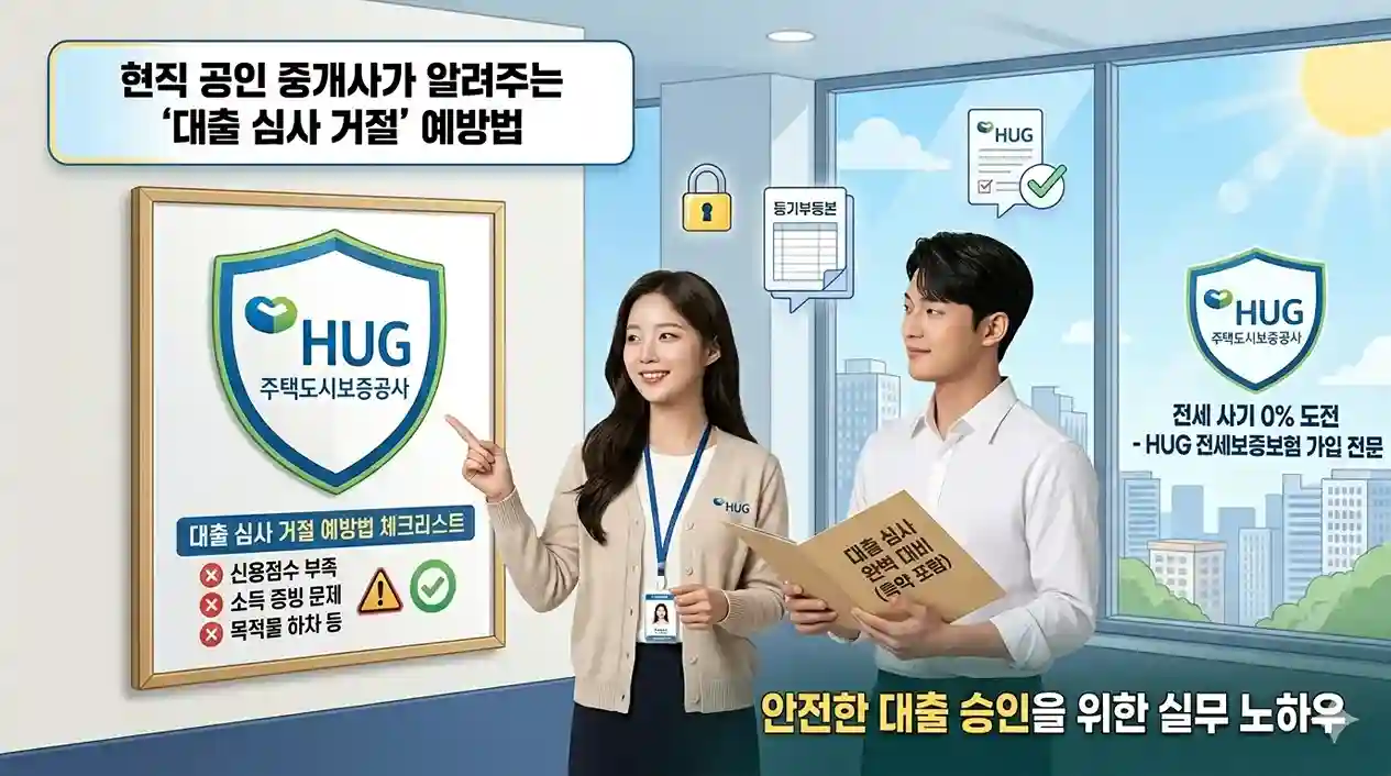 2026년 청년 전세 대출 완벽 대비 가이드 썸네일. 상단에는 "현직 공인 중개사가 알려주는 &lsquo;대출 심사 거절&rsquo; 예방법"이라는 제목이 적혀 있습니다. 왼쪽에는 HUG 주택도시보증공사 로고와 함께 "대출 심사 거절 예방법 체크리스트"가 있고, 그 아래 "신용점수 부족, 소득 증빙 문제, 목적물 하차 등"의 체크리스트가 아이콘과 함께 표시되어 있습니다. 오른쪽에는 HUG 셔츠를 입은 여성과 흰 셔츠를 입은 남성이 'HOME' 앱이 켜진 스마트폰을 보며 웃고 있습니다. 남성은 "HUG 대출 완벽 대비 특약 포함 가이드 (버팀목 &middot; 중기청)"라고 적힌 폴더를 들고 있습니다. 배경은 창밖으로 도시 전경이 보이는 현대적인 사무실이며, 하단에는 "안전한 대출 승인을 위한 실무 노하우"라는 문구가 적혀 있습니다.