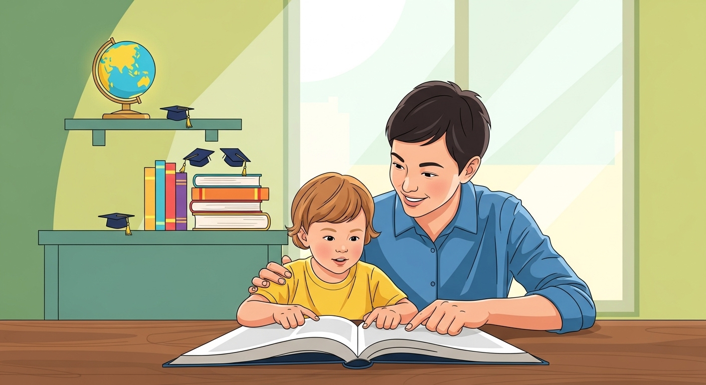 자녀와 함께 책을 보며 교육비 지출을 확인하고 연말정산을 준비하는 부모의 모습