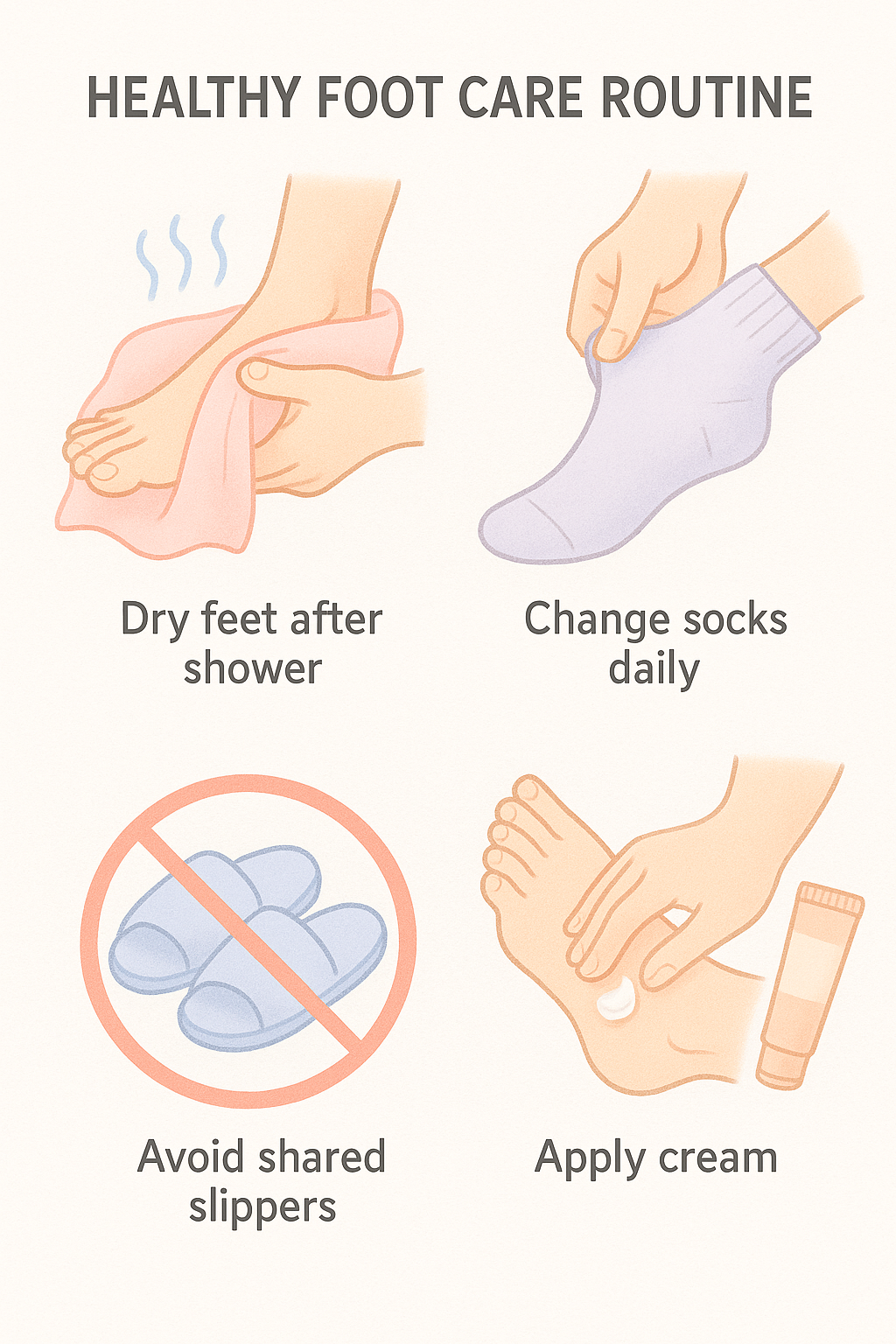 무좀 재발 방지를 위한 발 관리 습관 – 발 건조, 양말 교체, 공용 슬리퍼 피하기 등 생활수칙 일러스트"