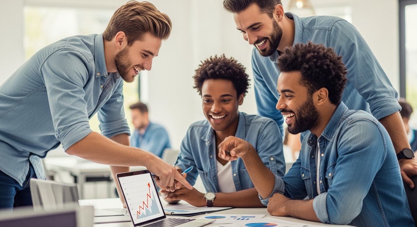 현대적인 코워킹 스페이스에서 젊은 창업가들이 사업 계획을 열정적으로 논의하며 협력하는 모습.