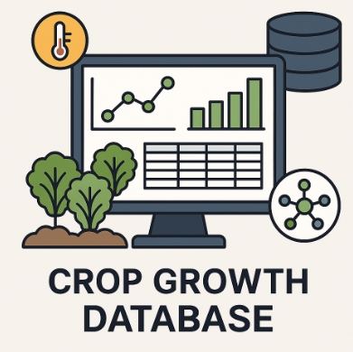 작물 생육 정보를 그래프로 나타낸 컴퓨터 화면과 데이터베이스 아이콘, 온도계, 상추 그림이 함께 있는 디지털 인포그래픽