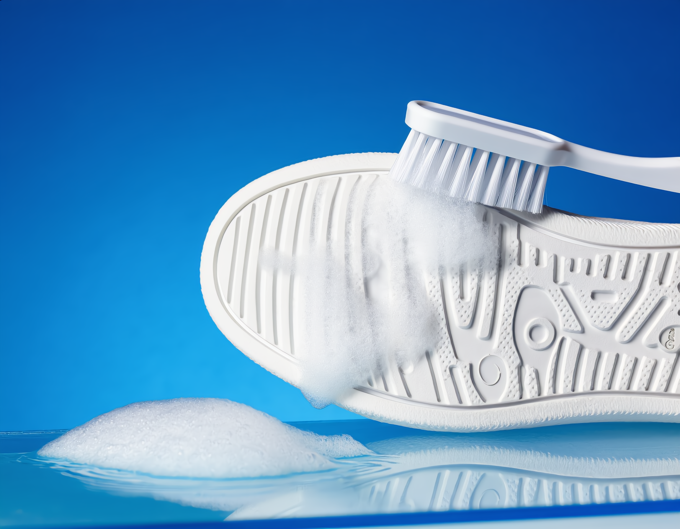 A white sneaker's rubber sole is meticulously scrubbed with a soft-bristled toothbrush, generating delicate foam clusters that cling to the textured grooves. Cool-toned studio lighting casts crisp lateral shadows across the azure acrylic backdrop, emphasizing the bristles' gentle curvature and the soap bubbles' translucent quality in this hyper-clean commercial shot designed to showcase thorough cleaning performance.