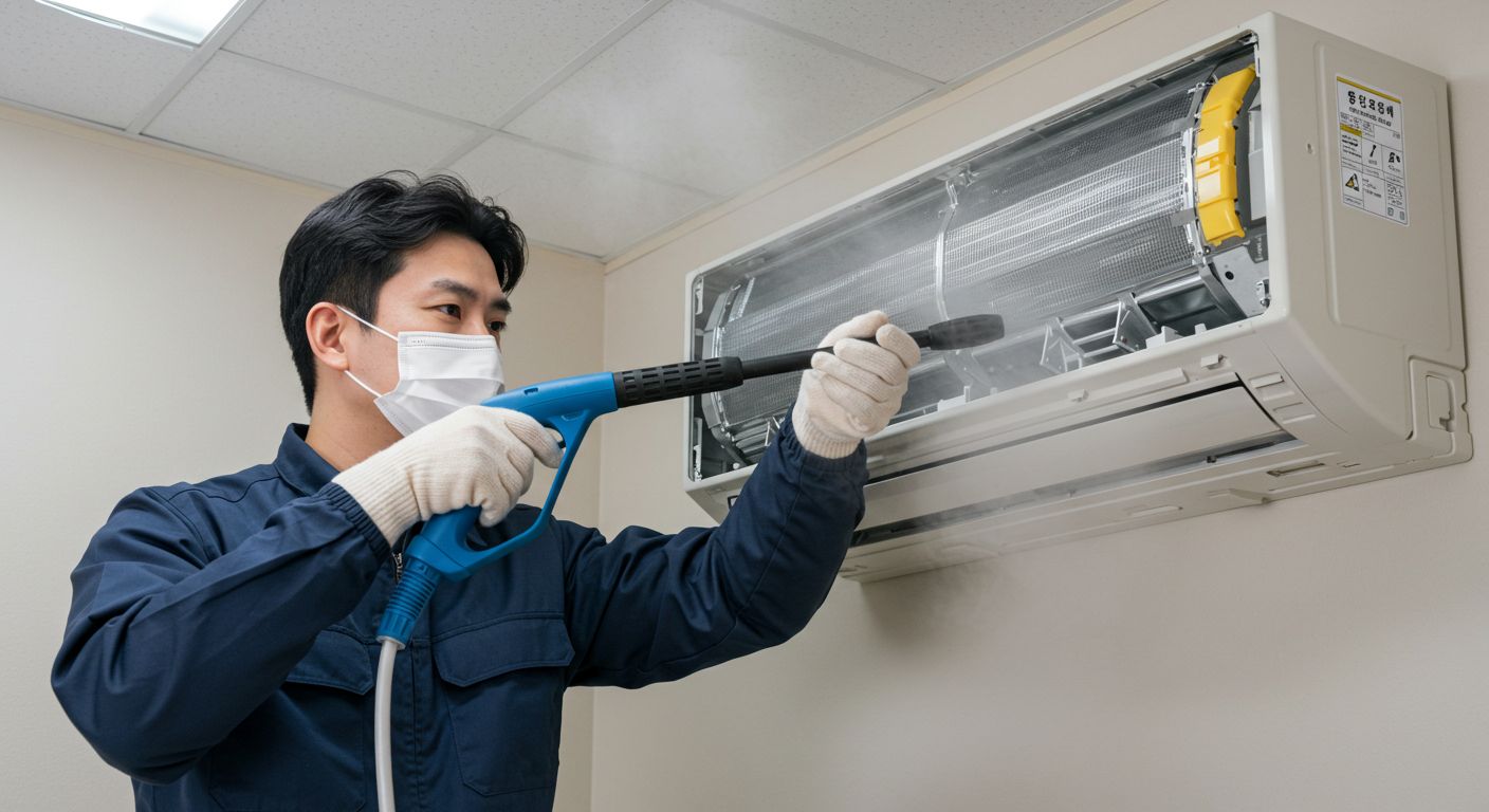 한국 기술자가 고압 스팀으로 벽걸이형 에어컨 내부를 세척하는 장면