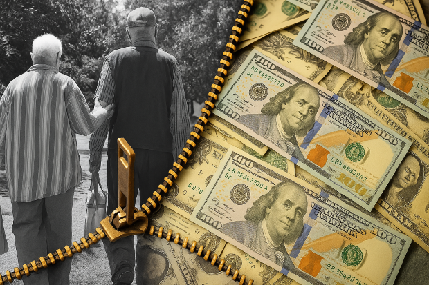 흑백 노년 부부와 컬러 현금 다발이 지퍼로 연결된 상징적인 이미지. 국민연금, 노후 소득, 연금 개혁 등의 의미를 시각적으로 표현한 구성.