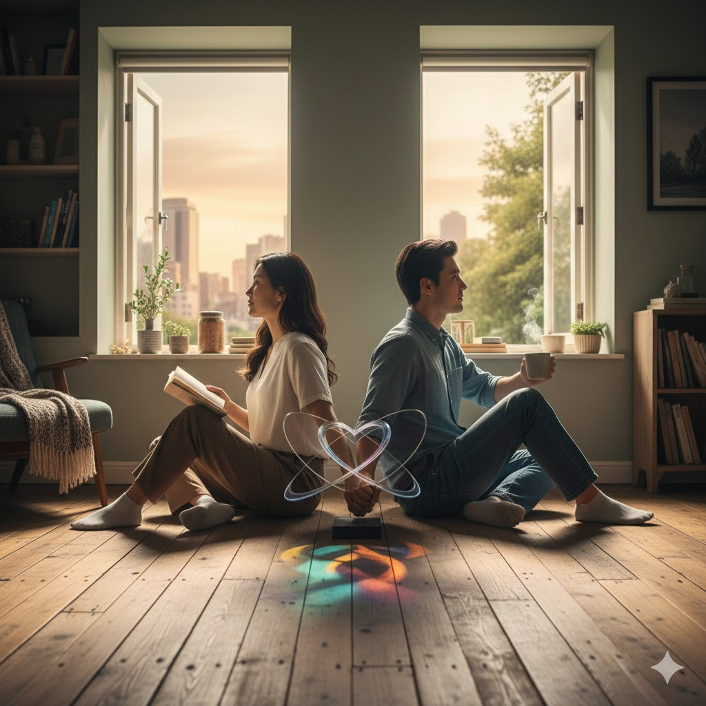 햇살이 비치는 거실에서 등을 맞대고 앉아 한 명은 책을 읽고 한 명은 커피를 마시며 각자의 시간을 보내는 예비부부의 모습. 두 사람 사이에는 연결된 하트 모양의 빛나는 궤도가 그려져 있어 독립성과 연결성을 동시에 상징함.