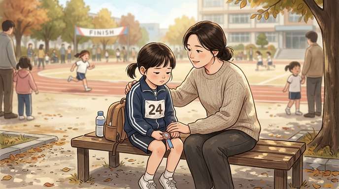 실패 후 아이 옆에 앉아 이야기하는 부모