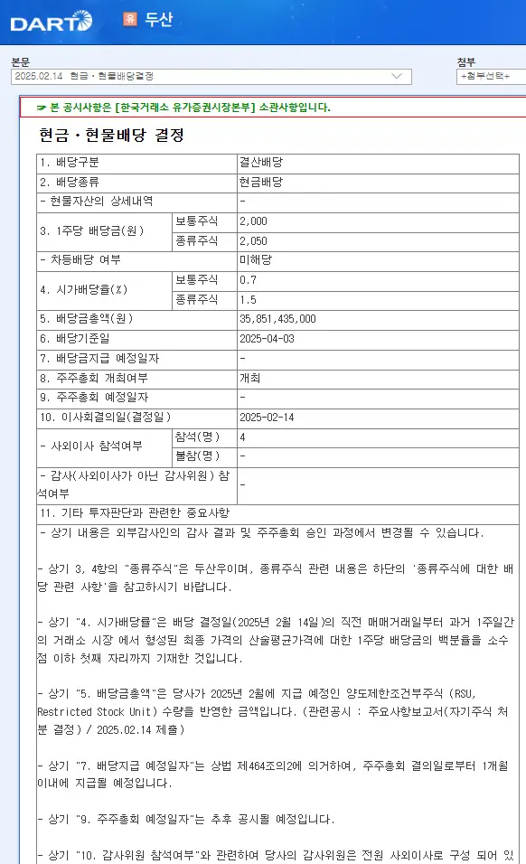 두산 배당금 지급일 배당 기준일