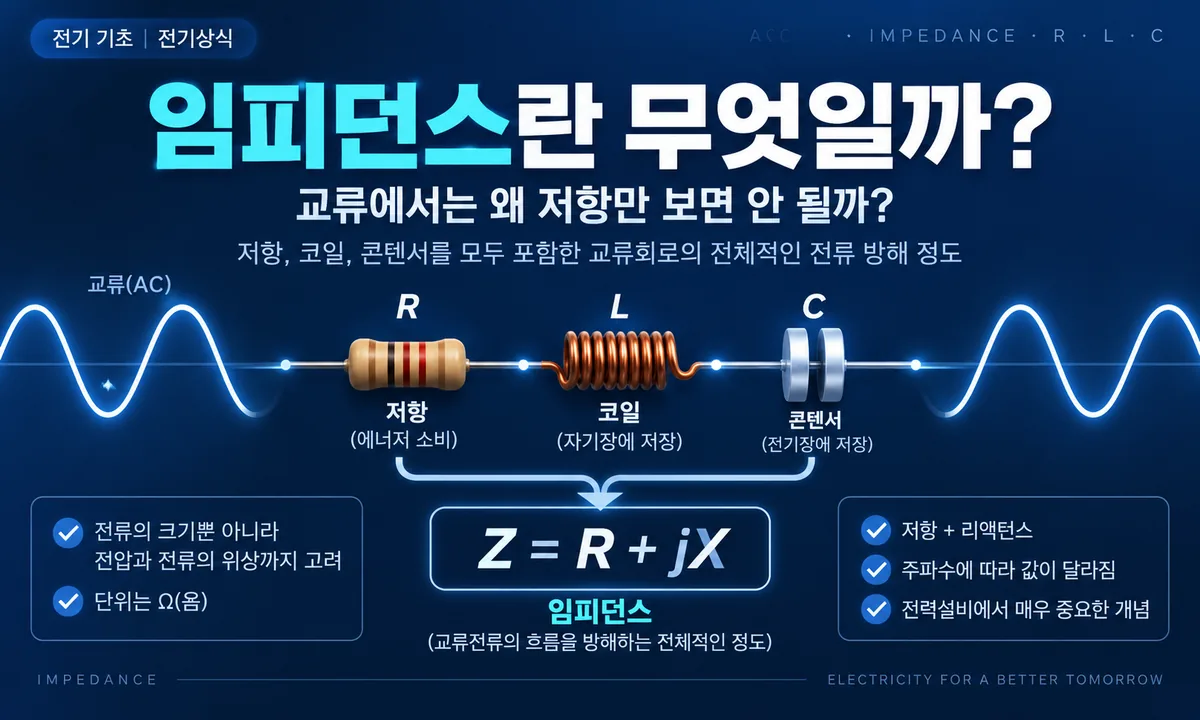 임피던스의 개념과 저항 코일 콘덴서가 교류회로에 미치는 영향을 설명한 인포그래픽