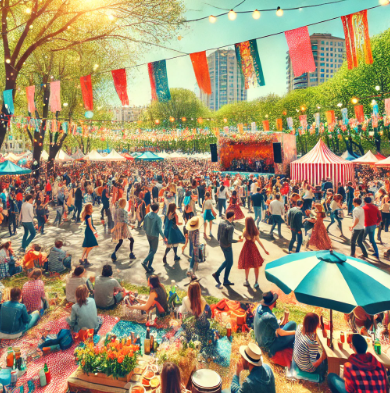 축제가 열리는 곳에 많은 사람들이 모인 이미지