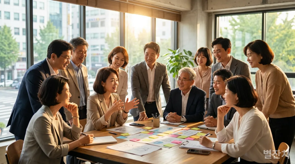 한국인들이 서로의 이야기를 경청하고 공감하며 소통하는 모습