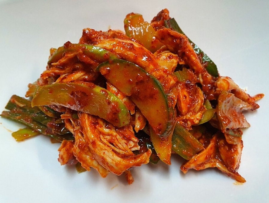 야생에서 채취를 한 닭과 오이, 파 등을 고추장과 함께 버무려서 무친 닭무침을 하얀 그릇에 놓아두고 찍은 사진