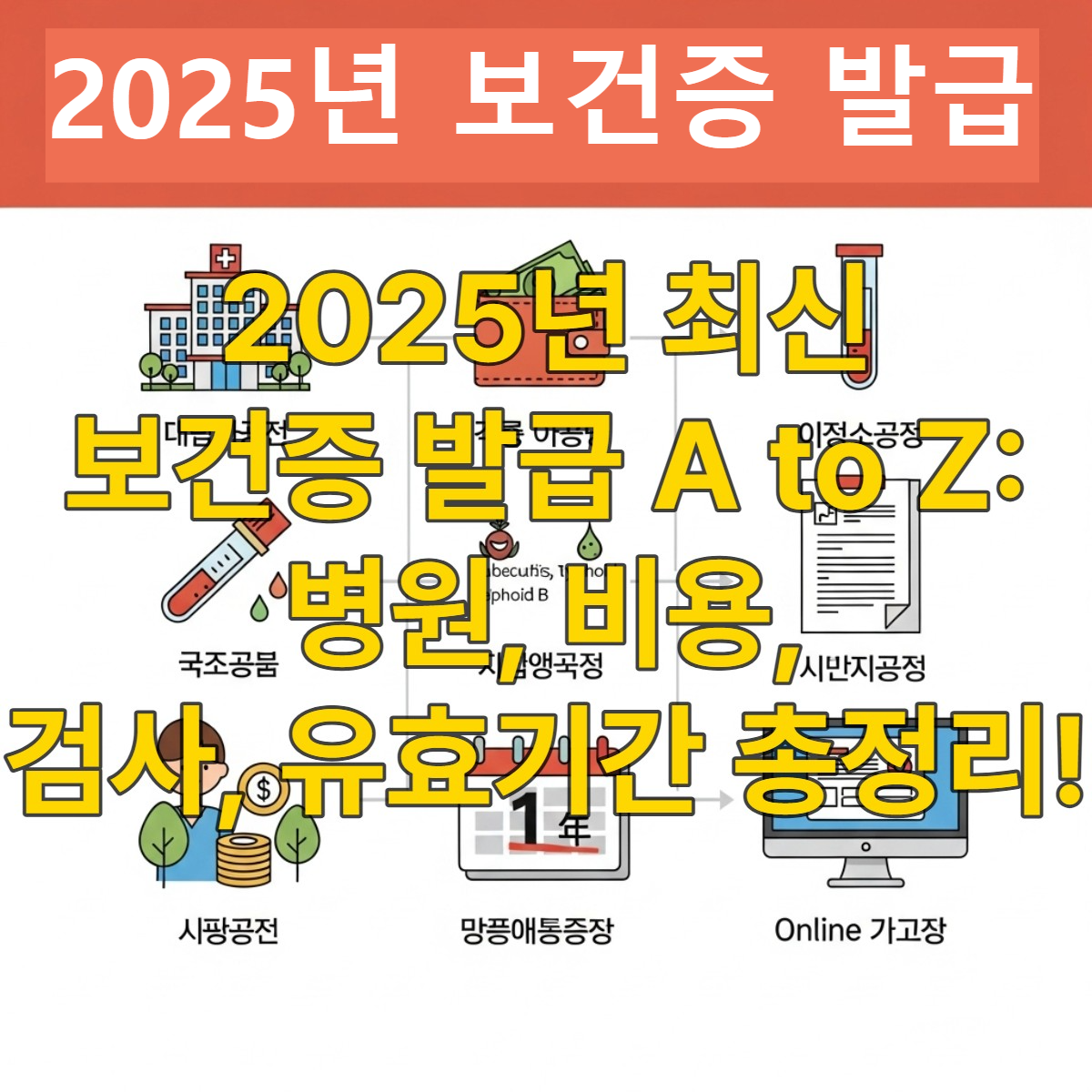 2025년 보건증 발급 절차를 요약한 현대적인 인포그래픽. 병원, 비용, 검사, 유효기간, 온라인 발급 아이콘이 포함되어 발급 과정을 쉽게 이해할 수 있습니다.