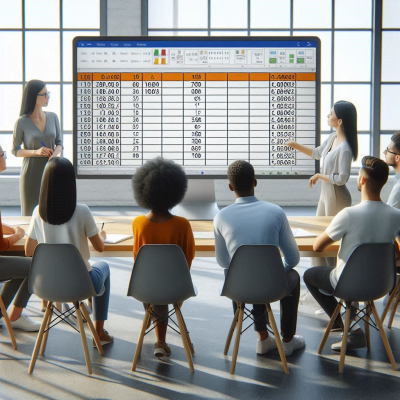 회의실에서 스프레드시트에 대해 발표하는 사람