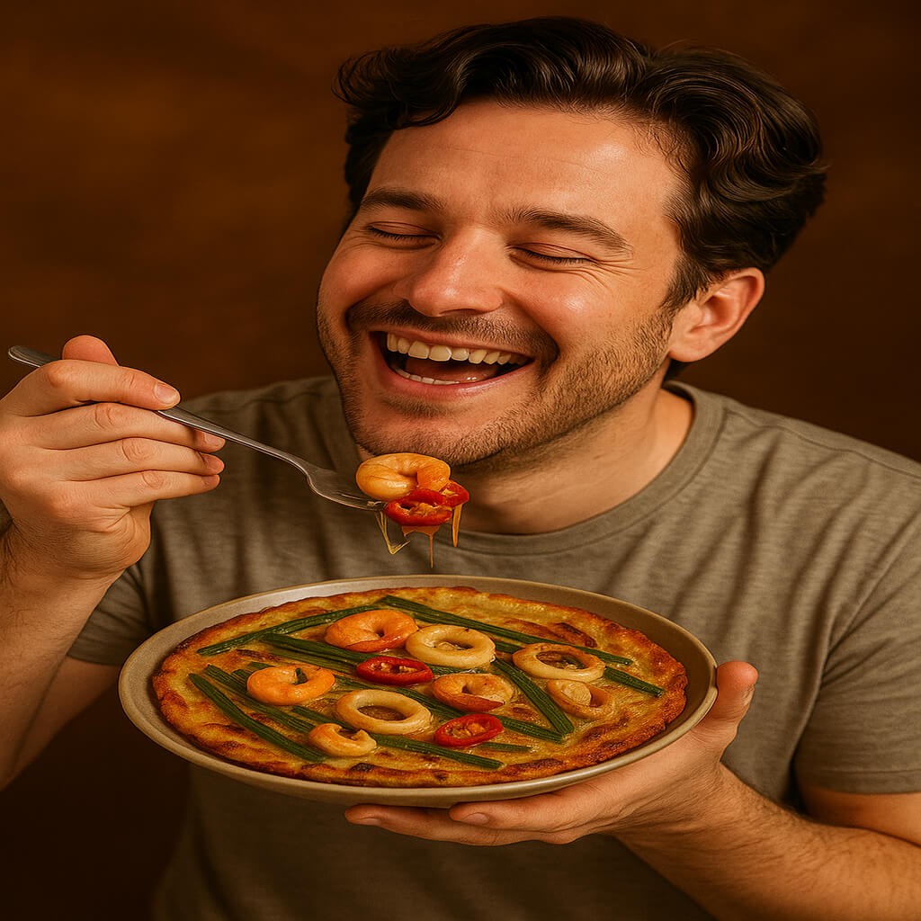 비 오는 날 먹는 해물파전을 먹고 행복해하는 모습