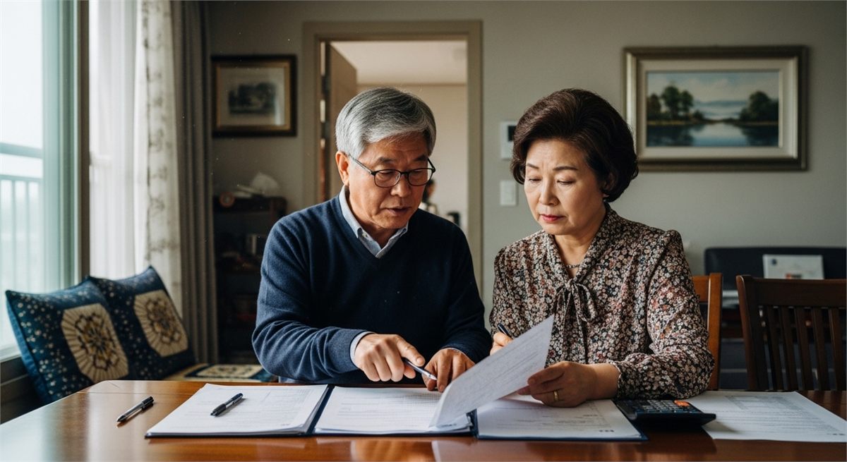 한국 시니어 부부가 식탁에서 연금 서류를 함께 살펴보는 모습 