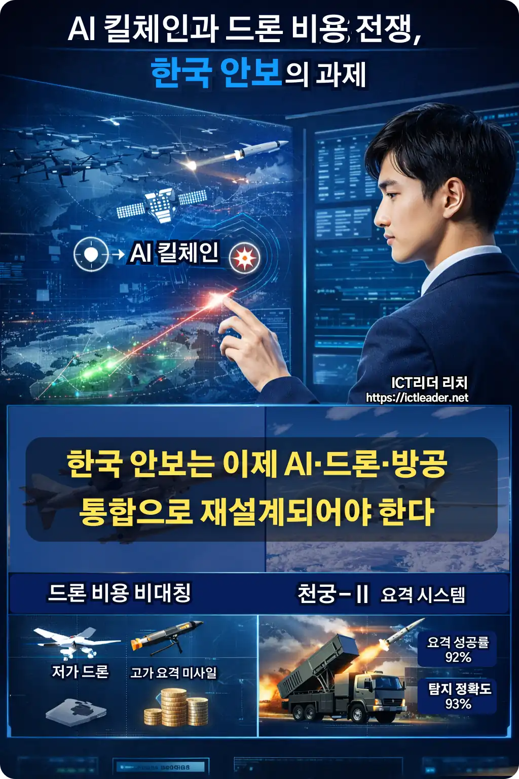 AI 킬체인과 드론 비용전쟁, 한국 안보의 과제를 설명하는 인포그래픽으로, 20대 한국인 남성이 미래형 국방 통제실에서 드론 군집, 탄도미사일, 요격체계, 비용 비교 그래픽, 천궁Ⅱ 방공 시스템 정보를 홀로그램 화면으로 확인하는 장면