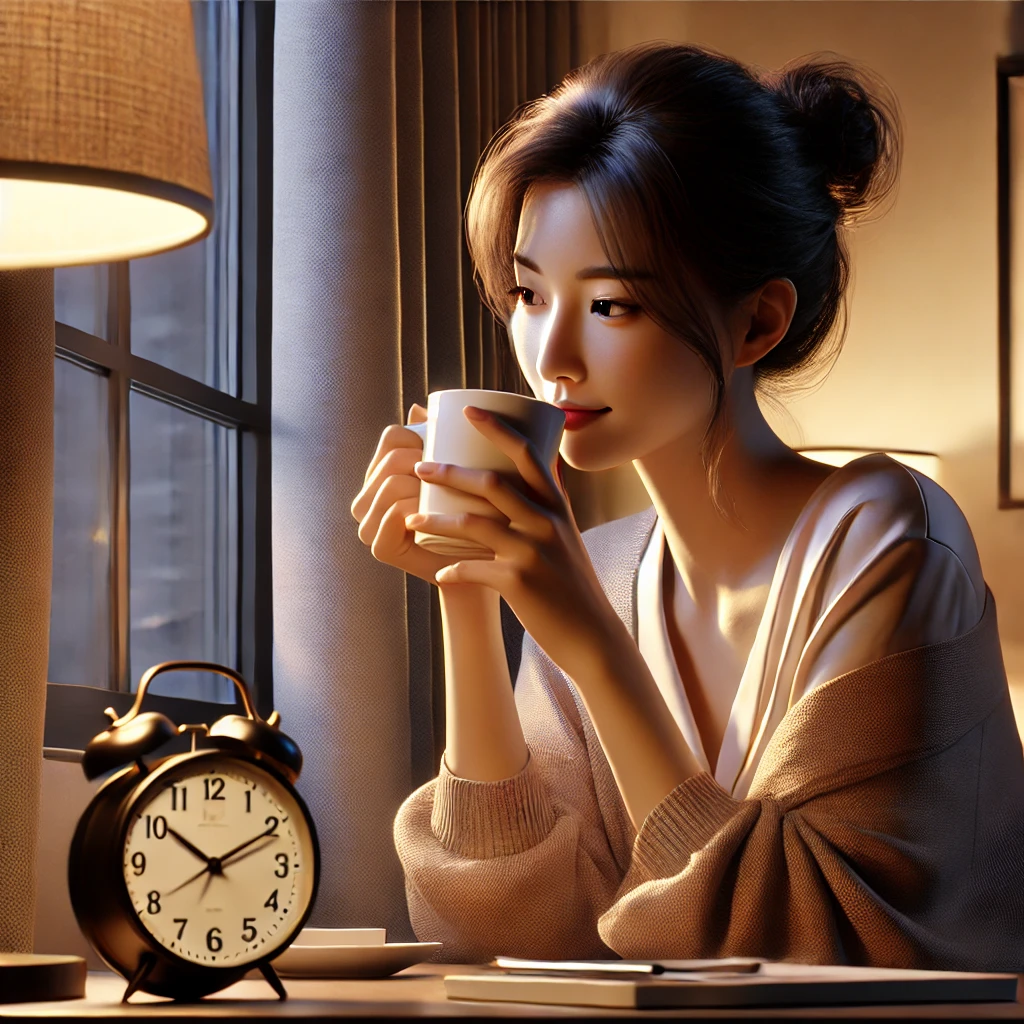 저녁 시간에 커피를 마시며 시계를 바라보는 사람의 모습