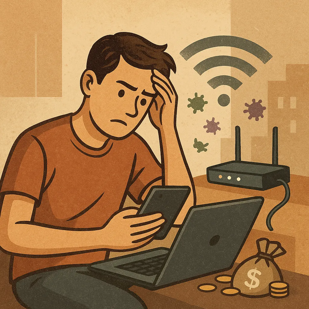 노트북과-스마트폰을-사용하는-남성이-와이파이-연결-불안정으로-고개를-싸매고-좌절하는-모습-뒤에는-신호-약해진-공유기가-표시된-장면