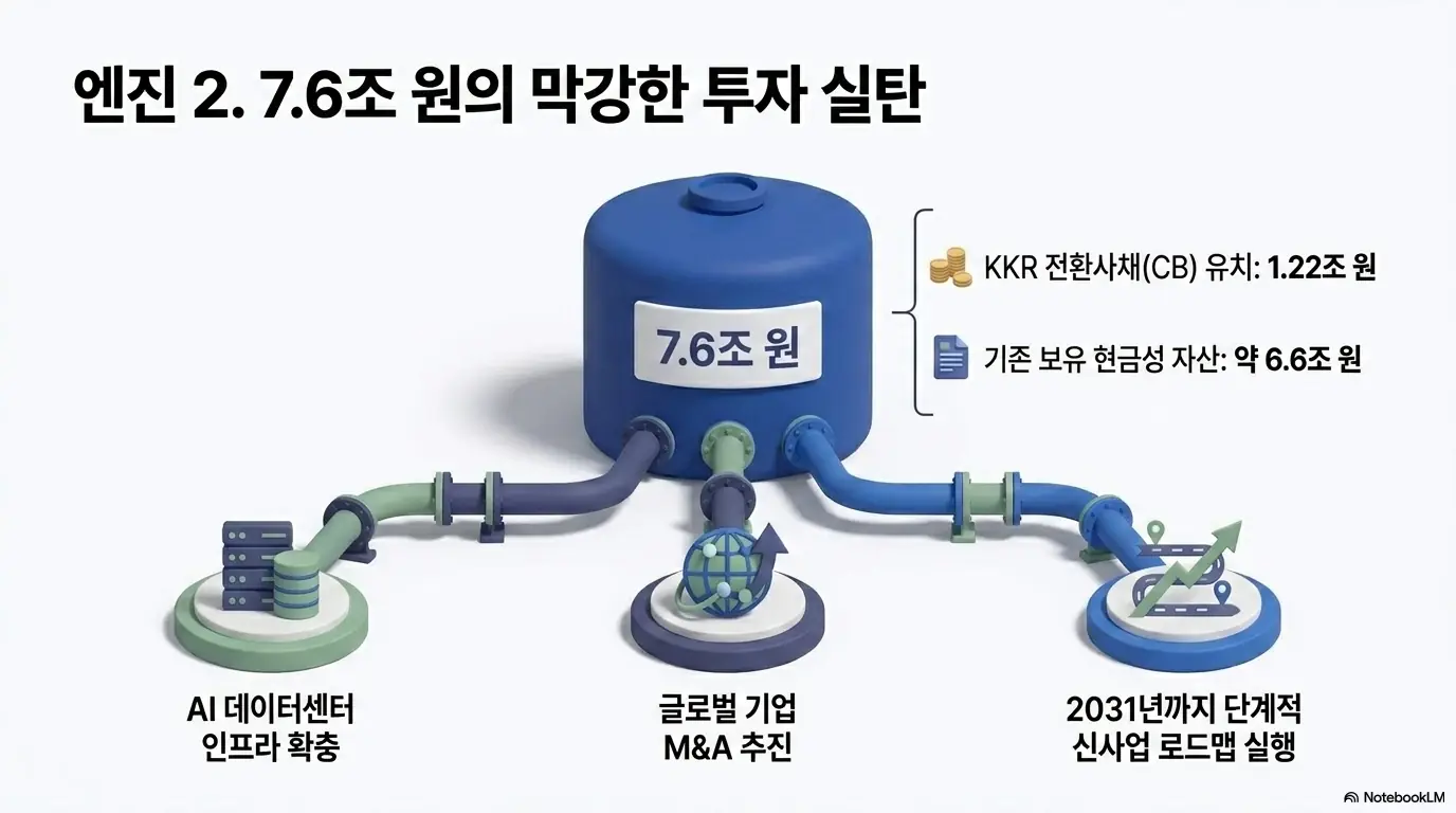 삼성SDS 주가전망: 삼성SDS가 KKR 전환사채 1.22조원과 기존 현금성 자산 약 6.6조원을 합쳐 7.6조원의 투자 실탄을 확보하고 AI 데이터센터·M&A·신사업에 투입하는 흐름을 물탱크와 파이프로 표현한 이미지. 자금 여력을 시각적으로 전달하며, 블로그의 삼성SDS 주가 전망 주제를 설명함