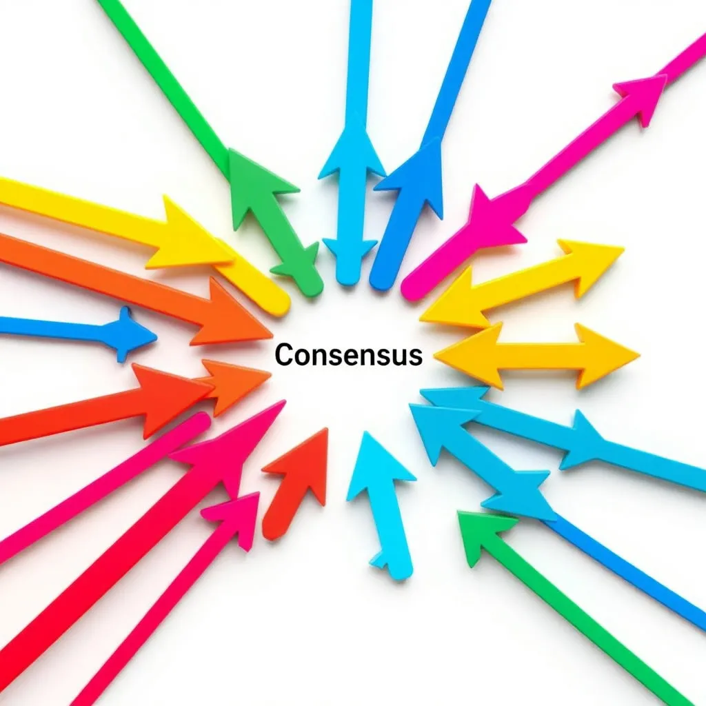 서로 다른 방향을 가리키는 화살표들이 한데 모여 중앙의 한 지점으로 수렴하는 모습입니다. 다채로운 색상의 화살표를 사용하여 다양한 목소리를 표현하고, 최종적으로는 '합의'라는 원 안에 안착하는 구도로 나타냅니다.