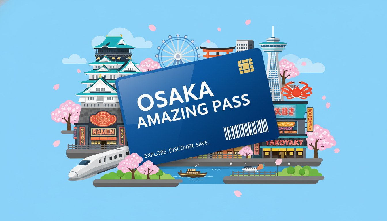 오사카성, 우메다 공중정원, 도톤보리가 그려진 오사카 주유패스 1일권 여행 일러스트