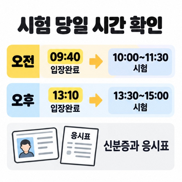 오전 9시 40분과 오후 1시 10분 입장완료 시각 및 각 시험시간을 비교하고 신분증과 응시표를 표시한 그림