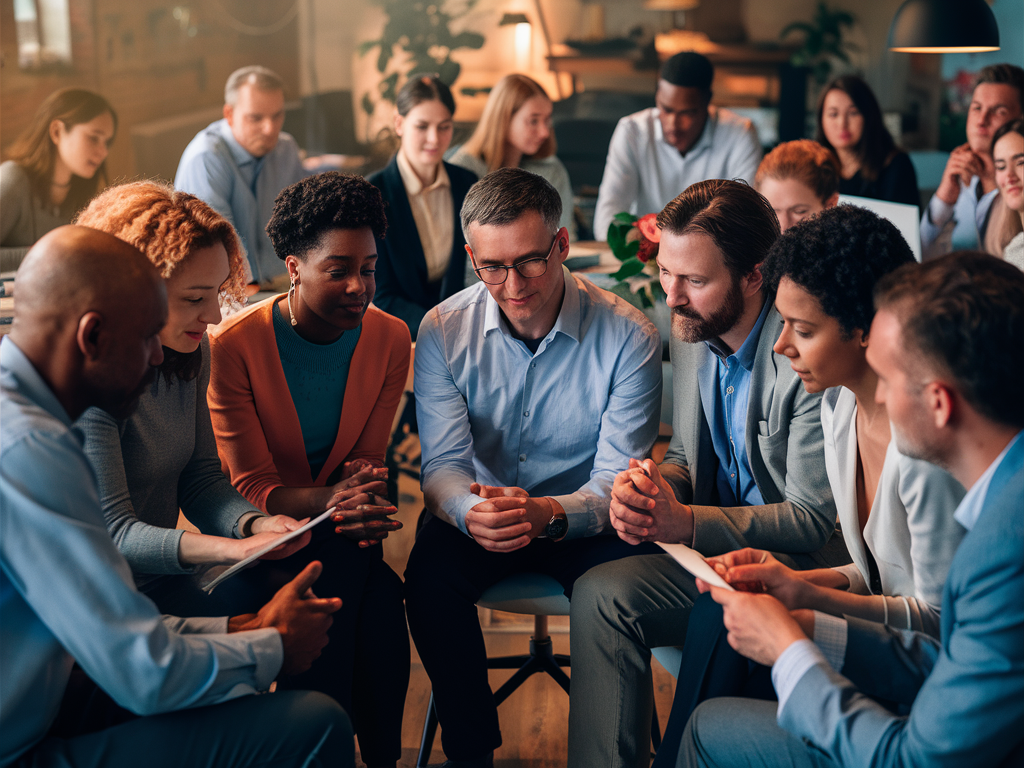 다양한 직장인들이 회의실에서 열린 분위기로 피드백을 주고받는 모습