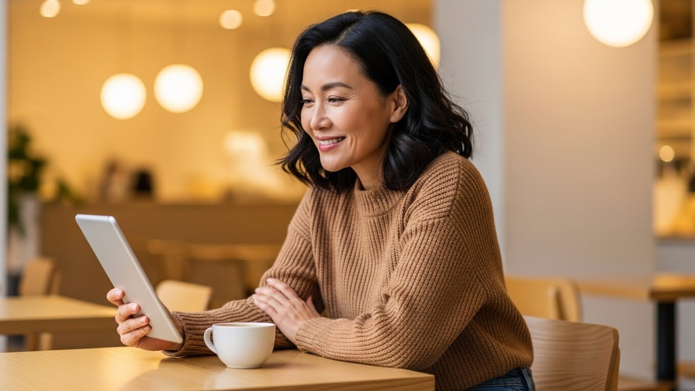 카페에서 디지털 기기를 활용해 국민연금 추납 신청 자격을 확인하고 안도하는 한국인 여성