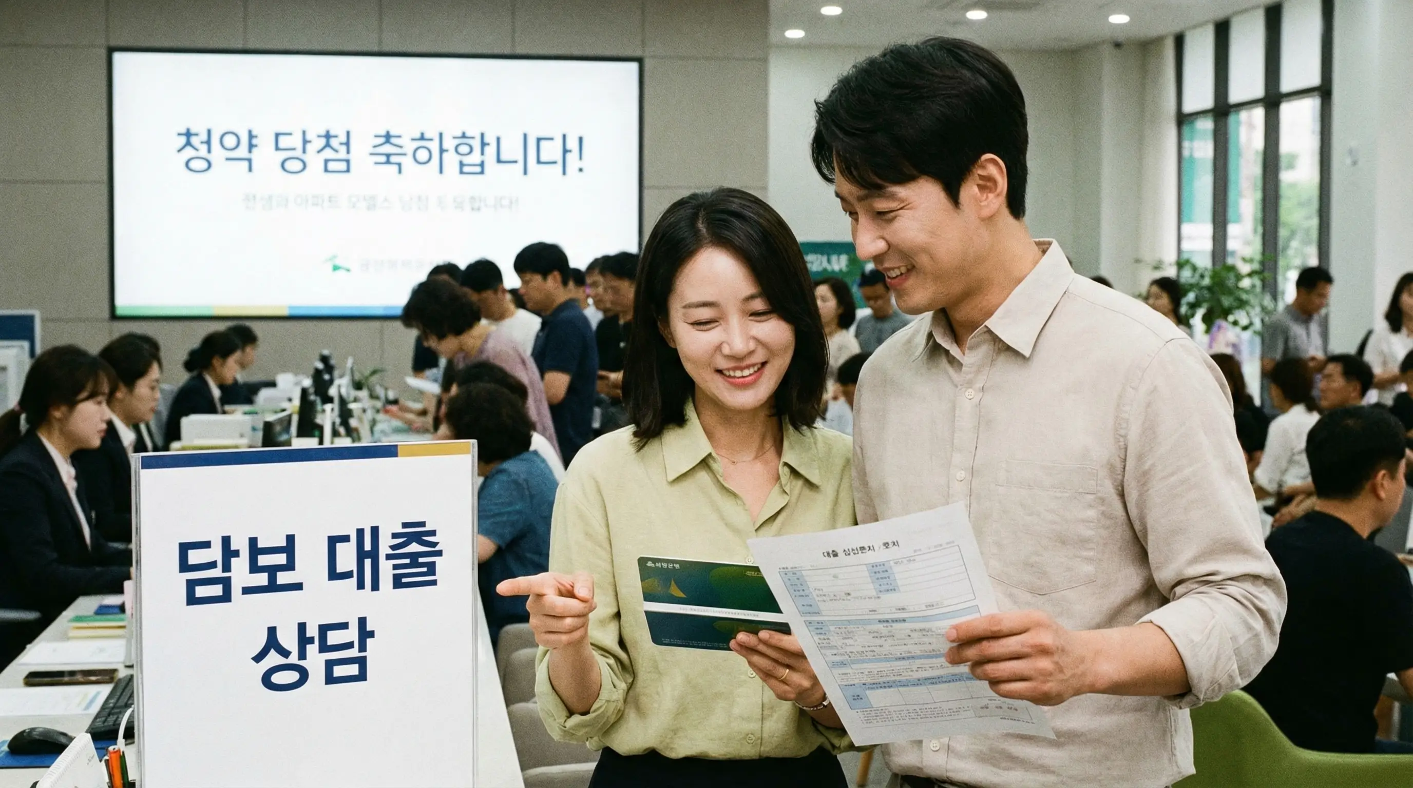 청약 당첨 후 계약금이 없어 고민하다가 통장을 해지하지 않고 담보 대출로 해결책을 찾는 모습