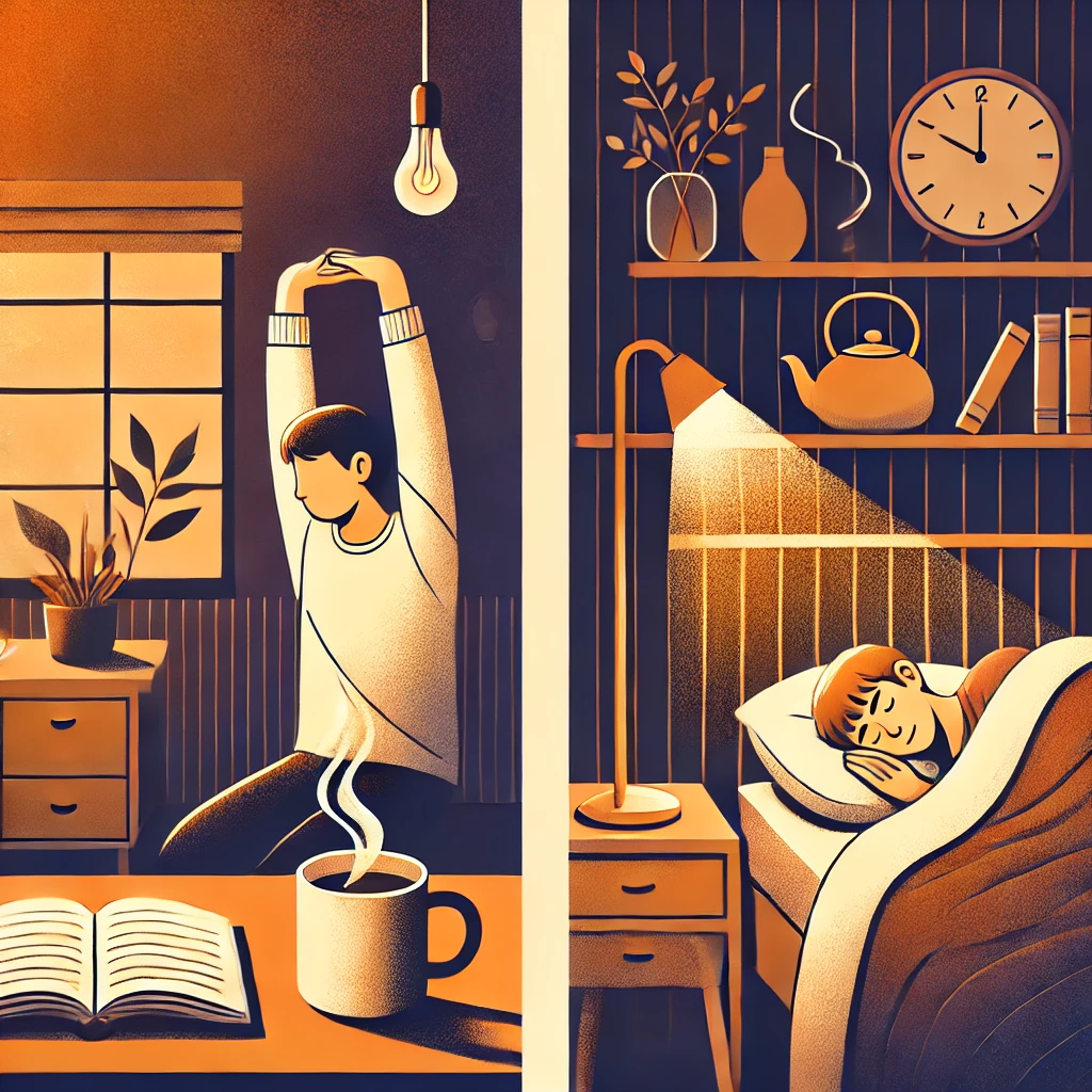 편안한 조명 아래 스트레칭하는 사람, 잠든 모습, 침대 옆 따뜻한 티와 책