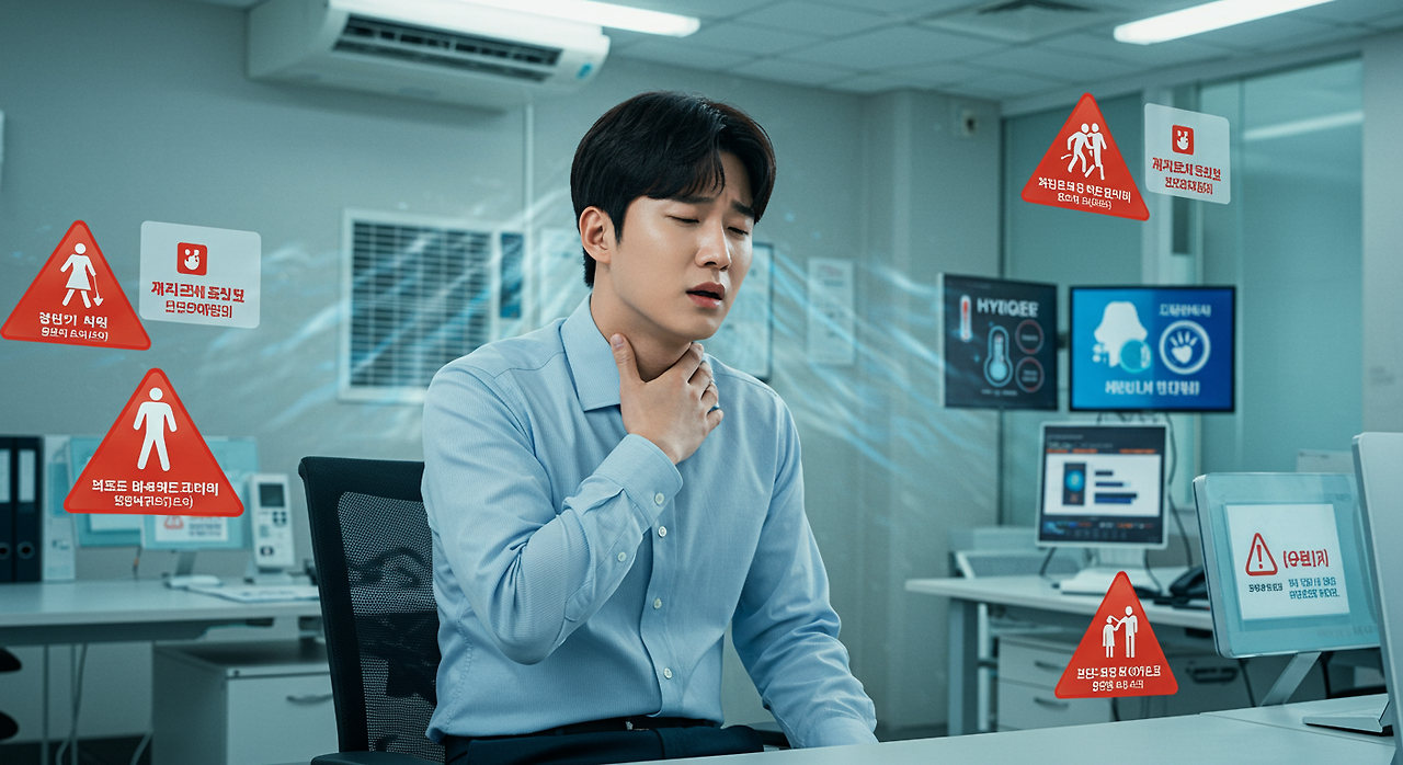 현대 직장인이 사무실에서 에어컨 밑에서 기침하는 모습