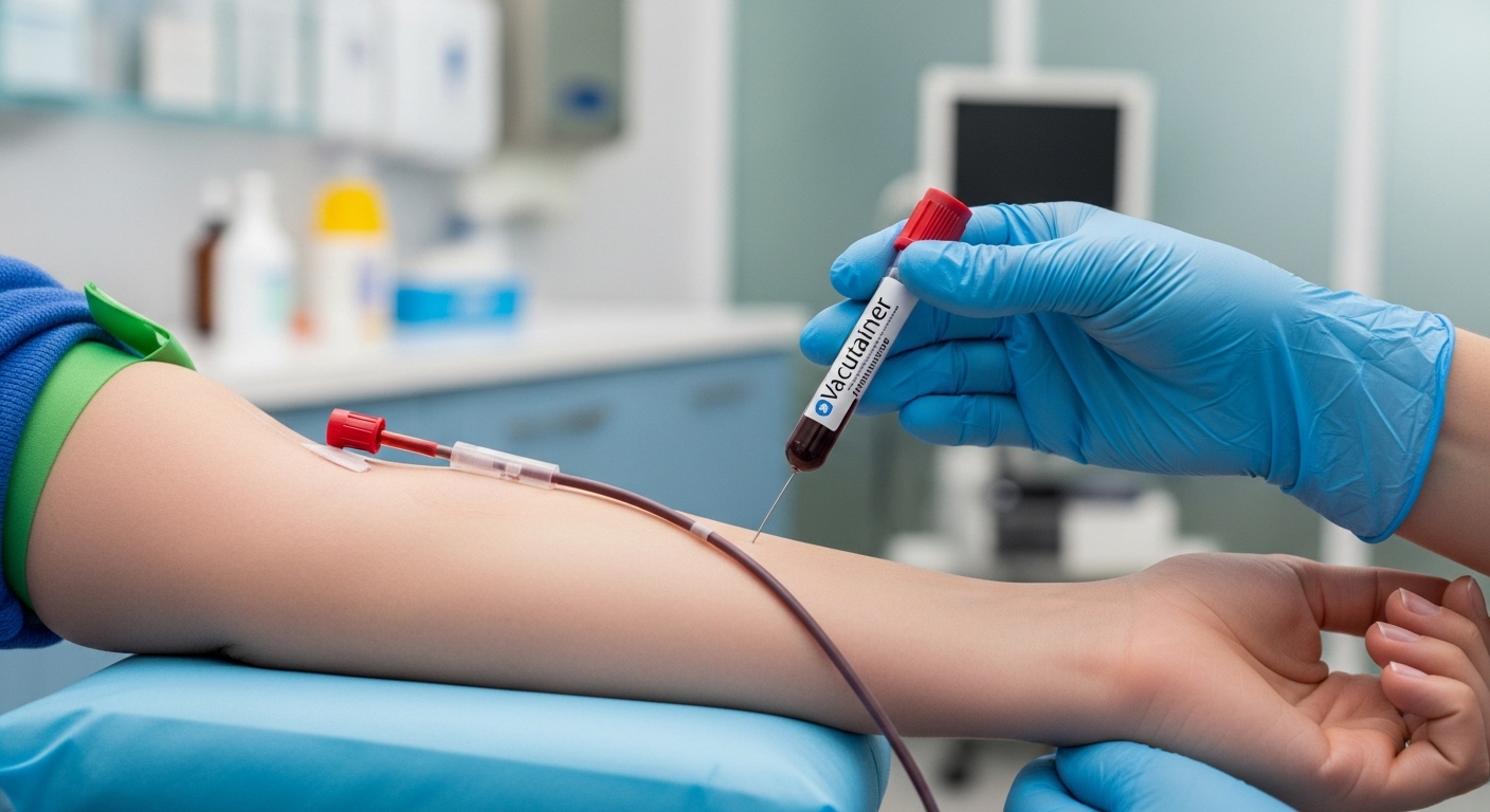 의료 전문가가 환자에게 음식물 과민증 검사를 위한 혈액 샘플을 채취하는 모습.