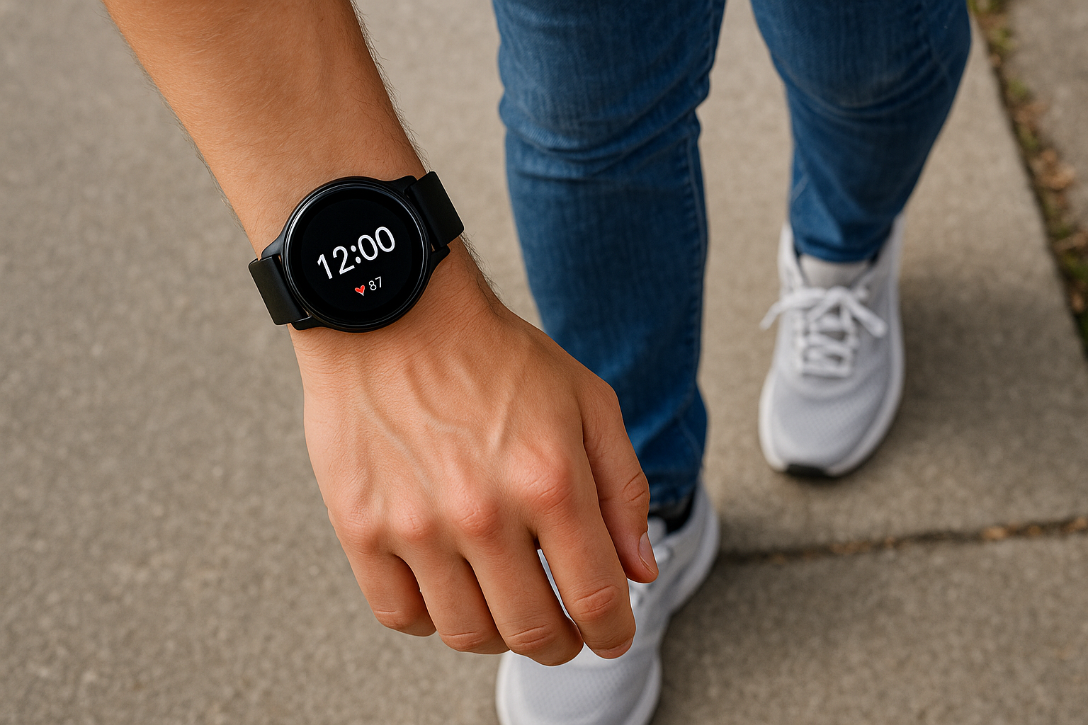 스마트워치에 12분 타이머가 표시된 채 보도 위를 걷는 장면, 식사 뒤 가벼운 걷기 루틴