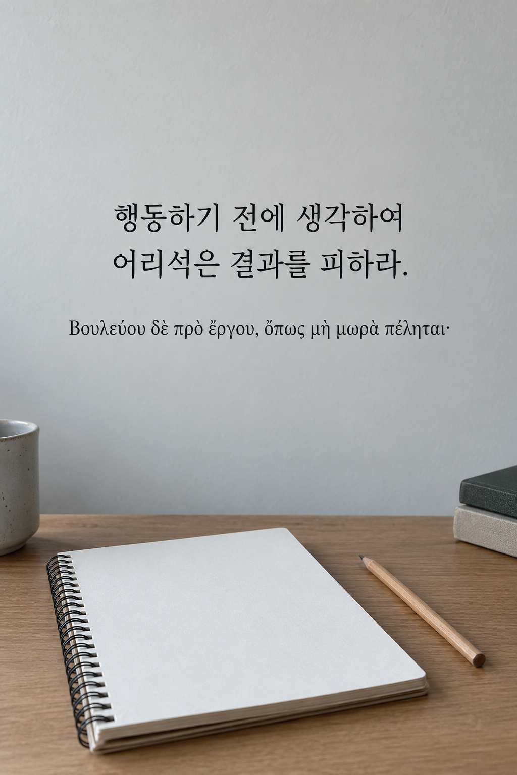 행동하기 전에 생각하여 어리석은 결과를 피하라. 빈 공책과 연필 배경에 한국어와 그리스어 원문을 담은 피타고라스 학파 명언 이미지