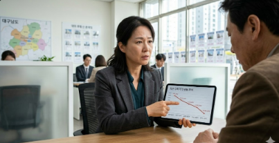 태블릿 차트로 아파트 매매가와 전세가 하락폭을 설명하는 40대 부동산 전문가
