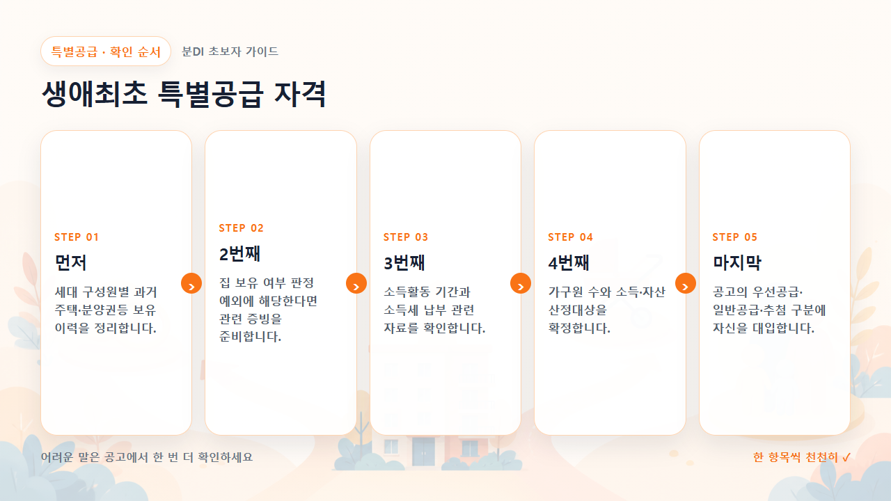 생애최초 특별공급 자격 확인 순서를 다섯 단계로 보여주는 흐름도