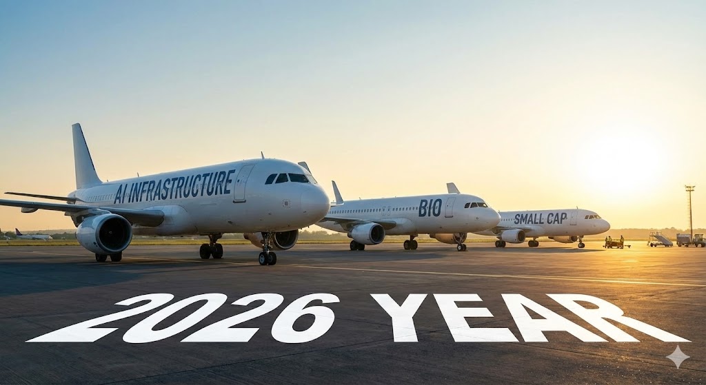 2026년을 향해 뻗어있는 활주로 위에 'AI 인프라', '바이오', '중소형주'라는 비행기들이 이륙 준비를 마친 모습