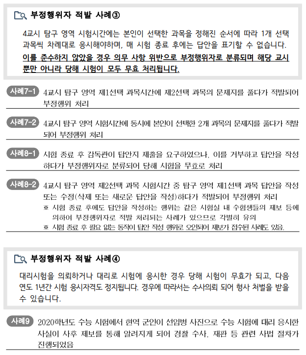 2025학년도 수능 유의사항, 시간표, 부정행위자 적발사례