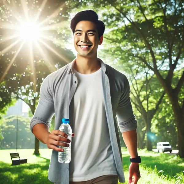 고혈압 관리를 위해 물병을 들고 야외를 걷는 동양인 남성