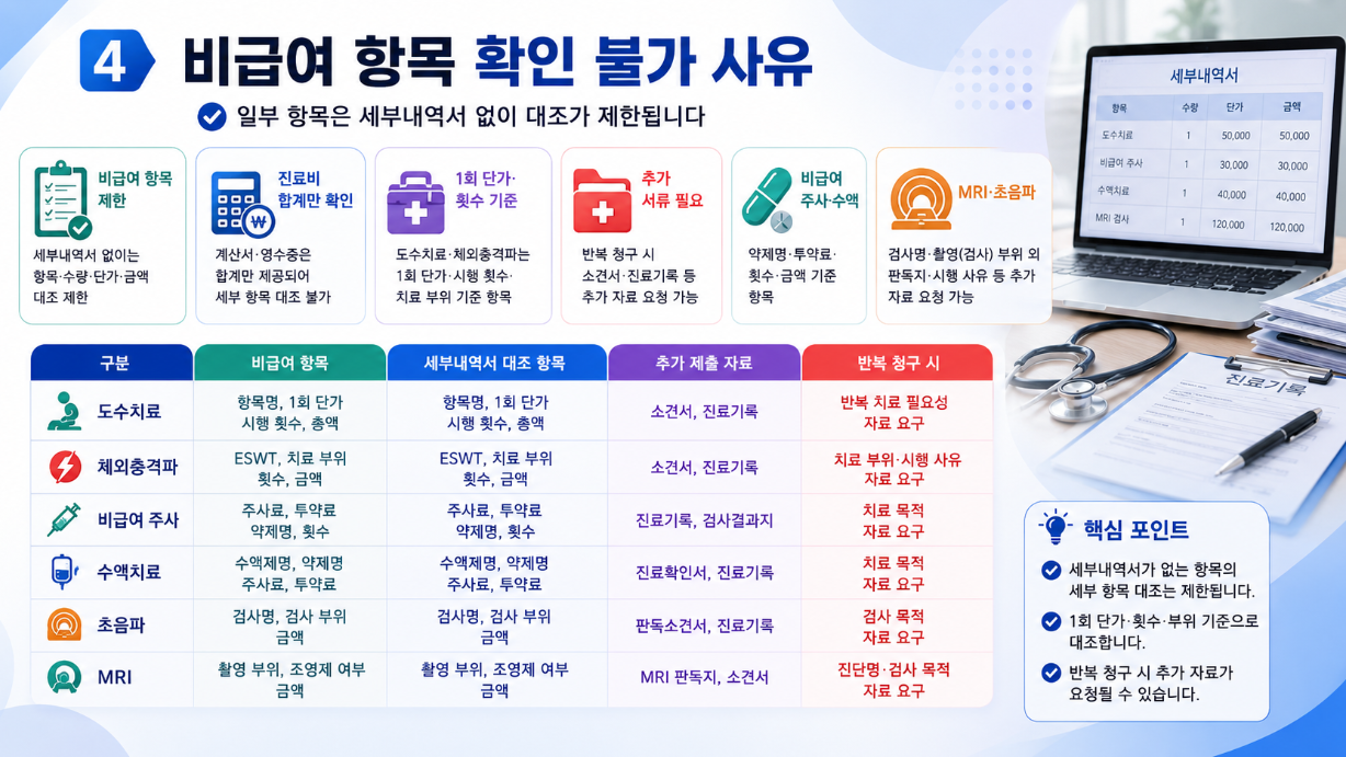 5. 처방전 KCD 코드, 진료확인서, 통원확인서, 진단서, 소견서 등 진단명 보완자료 요청 사유를 정리한 인포그래픽