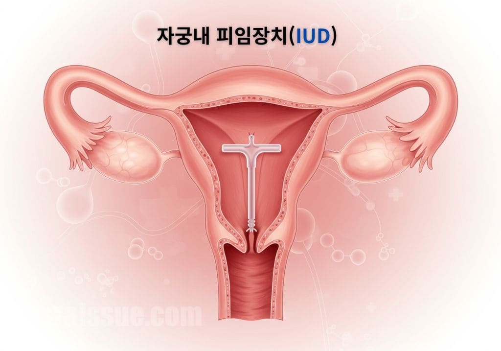 자궁 안에 삽입된 T자형 피임장치(IUD)가 있는 여성 생식기의 해부학적 일러스트레이션. 자궁, 난관, 난소가 부드러운 색감으로 표현되어 있으며 배경은 연한 청록색이다