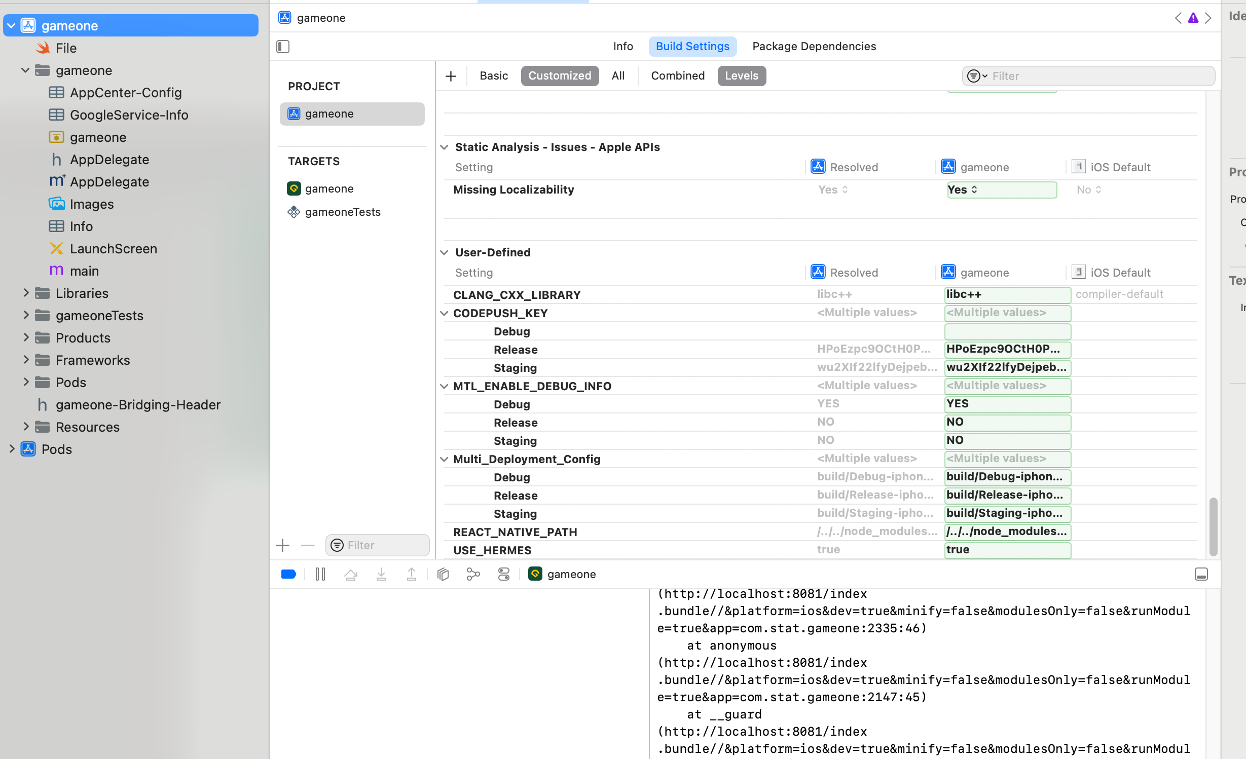 Xcode CODEPUSH_KEY 항목 확인 이미지