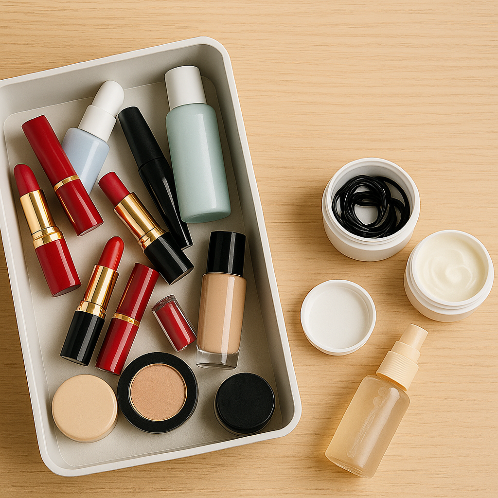 다양한 립스틱, 파운데이션, 스킨케어 제품들이 플라스틱 정리함에 담겨 있고 일부는 보관 용기, 스프레이로 재활용된 모습
